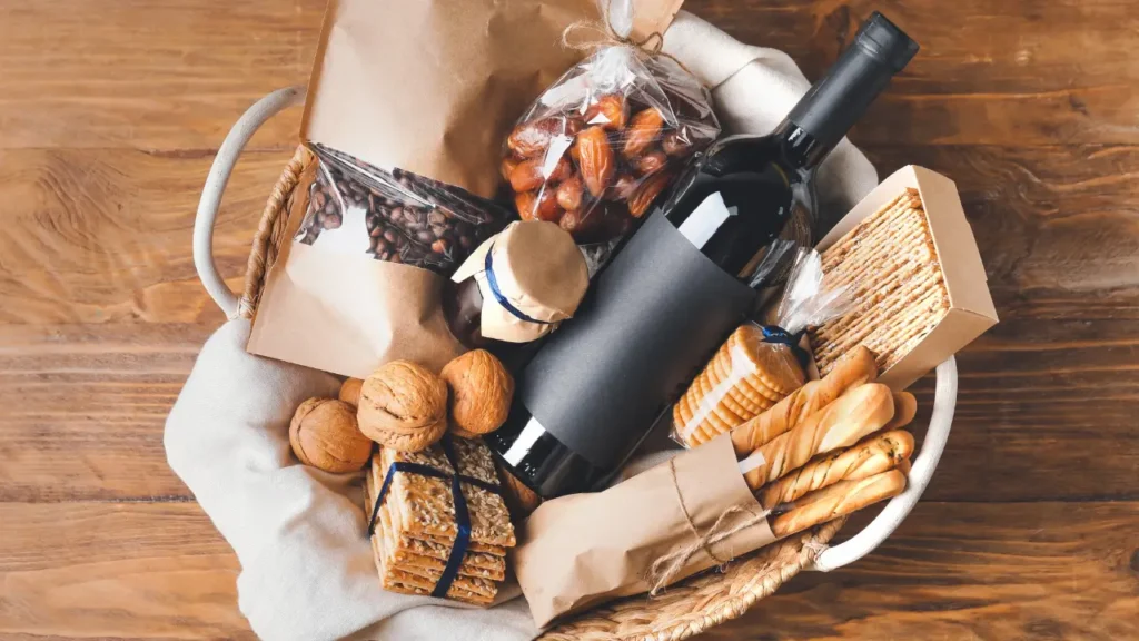 Gourmet healthy snacks in a basket are excellent gifts for the entire team