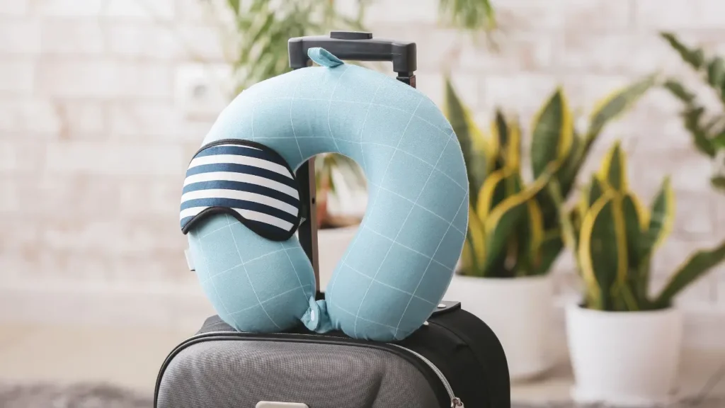 a travel pillow in a hotel room lobby 